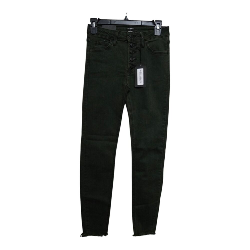 Just Black Jeans Forest Green Womens Size 25 Button Down Skinny Raw Hem NEW